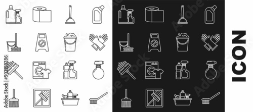 Set line Toilet brush, Rubber gloves, plunger, Wet floor and cleaning in progress, Mop bucket, Plastic bottles for liquid dishwashing liquid and Bucket with foam bubbles icon. Vector