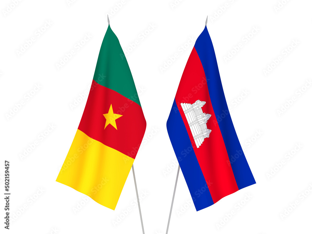 National fabric flags of Kingdom of Cambodia and Cameroon isolated on white background. 3d rendering illustration. National fabric flags of Kingdom of Cambodia and Cameroon isolated on white background. 3d rendering illustration.