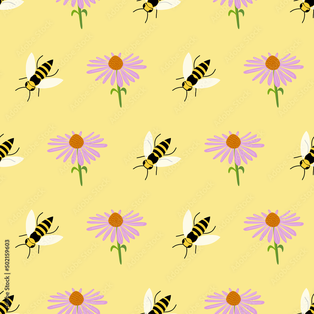 Echinacea flower plant vector seamless pattern, yellow background