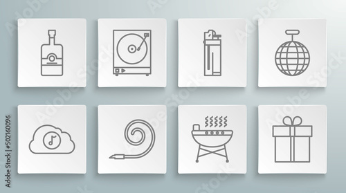 Set line Music streaming service, Vinyl player with vinyl disk, Birthday party horn, Barbecue grill, Gift box, Lighter, Disco ball and Whiskey bottle icon. Vector