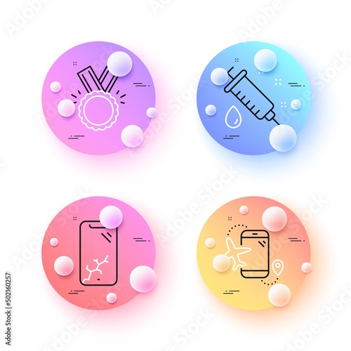 Smartphone broken, Flights application and Honor minimal line icons. 3d spheres or balls buttons. Medical syringe icons. For web, application, printing. Phone crash, Airport app, Medal. Vector