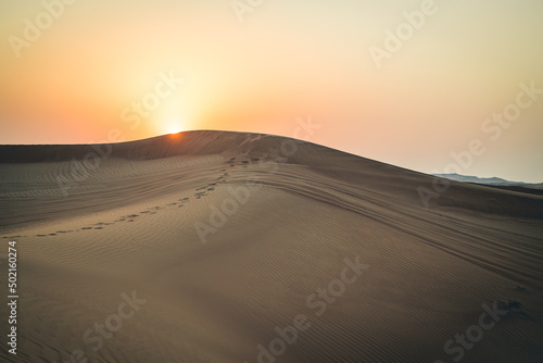 Fu  spuren Im Sonnenuntergang einer W  sten- und D  nenlandschaft in Dubai in den Vereinigten Arabischen Emiraten