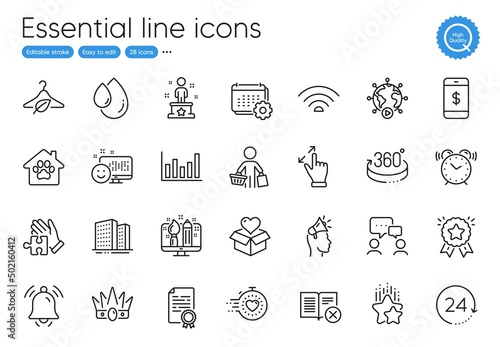 Buyer, Alarm clock and People chatting line icons. Collection of Smile, Brand ambassador, Column chart icons. Ranking star, Smartphone payment, Crown web elements. Ranking stars. Vector