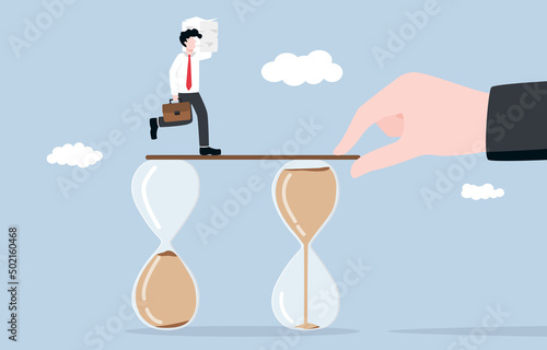 Flexible working hours, adjusting time according to workload, time management for efficient productivity concept. Giant boss hand giving new working time hourglass for employee with overwork.