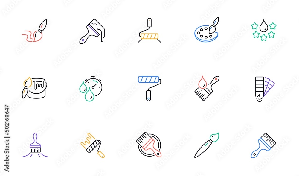 Paint brushes line icons. Color palette, Paint tin or bucket, Roller tool. Pantone samples, Dye quality, Creative art brush line icons. Finishing work, Painter tool and Dye color palette. Vector Paint brushes line icons. Color palette, Paint tin or bucket, Roller tool. Pantone samples, Dye quality, Creative art brush line icons. Finishing work, Painter tool and Dye color palette. Vector
