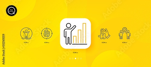 Graph chart, Recovered person and Puzzle minimal line icons. Yellow abstract background. Employees teamwork, Fingerprint icons. For web, application, printing. Vector