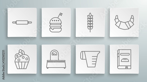 Set line Cupcake, Burger, Scales, Measuring cup, Cookbook, Cereals with rice, wheat, corn, oats, rye, Croissant and Rolling pin icon. Vector