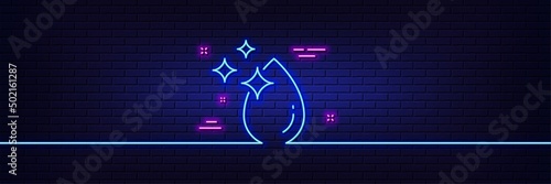 Neon light glow effect. Water drop line icon. Clean crystal aqua sign. Liquid symbol. 3d line neon glow icon. Brick wall banner. Water drop outline. Vector