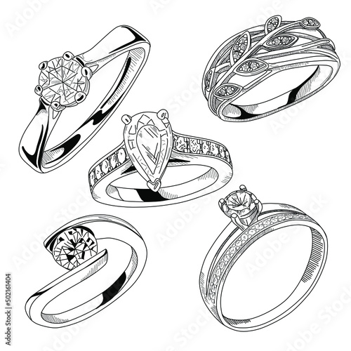 Set of wedding rings. Print for invitation, wedding, party decoration, betrothal. Overview hand drawn illustration of jewelry engagement and engagement rings