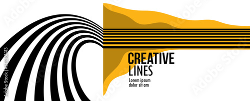 3D black and yellow lines in perspective abstract vector background, linear perspective illustration op art.