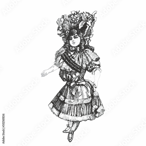 Retro doll girl. Doodle sketch. Vintage vector illustration.