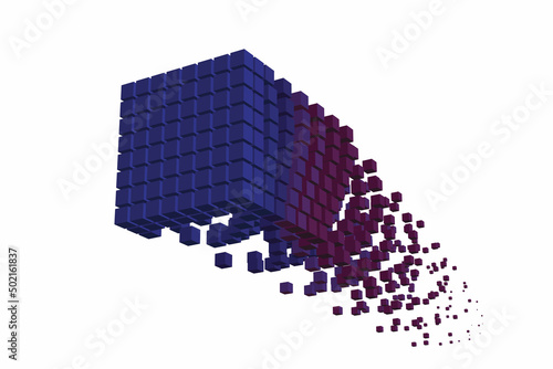 Cubic data block dissolving into small cubes. Big Data concept. Voxel art. 3d Vector illustration.