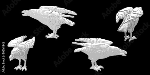 Raven made from cubes. Voxel art. Futuristic concept. 3d Vector illustration. Dimetric projection.