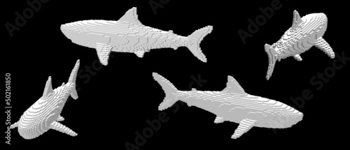 Shark made from cubes. Voxel art. Futuristic concept. 3d Vector illustration. Dimetric projection.