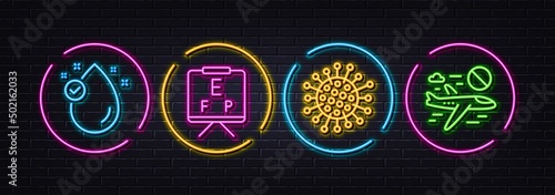 Coronavirus, Vitamin e and Vision board minimal line icons. Neon laser 3d lights. Cancel flight icons. For web, application, printing. Infection, Oil drop, Eye check. Closed flights. Vector