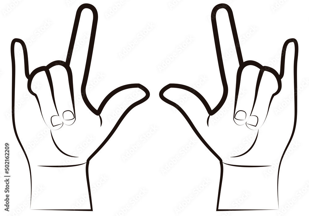 Gesto con mano de heavy metal en fondo blanco. 