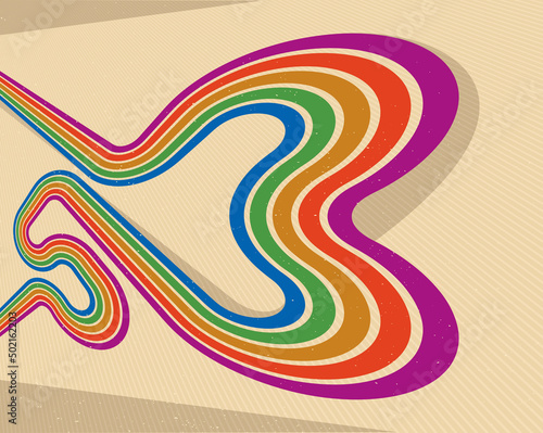 Retro style abstract background with curve lines in all colors of rainbow, 3D dimensional seventieth vector art.