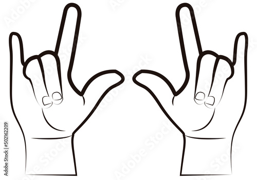 Gesto con mano de heavy metal en fondo blanco. 