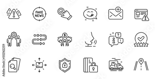 Outline set of Employees teamwork, Internet warning and Cardboard box line icons for web application. Talk, information, delivery truck outline icon. Vector