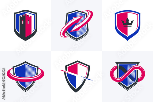 Classic shields shapes set with different additional elements vector symbols set, defense and safety icons, ammo emblems collection.