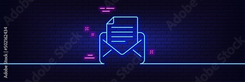 Neon light glow effect. Mail correspondence line icon. Read Message sign. E-mail symbol. 3d line neon glow icon. Brick wall banner. Mail correspondence outline. Vector
