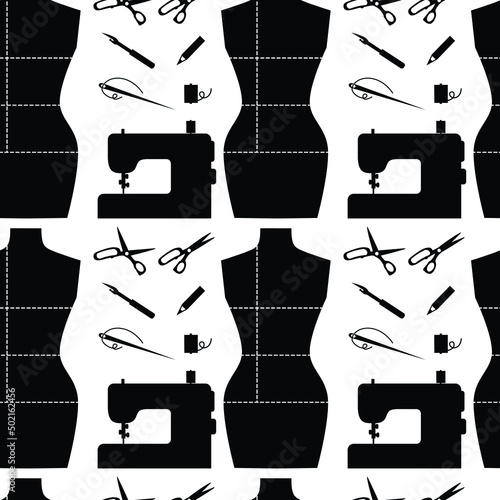 Vector seamless pattern: black silhouettes of tailor mannequin with body measurement by white dotted line, sewing machines, scissors, pencil, tread, needle, seamstress ripper. Monochrome design .
