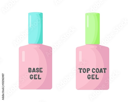Base and top coating of gel varnish. Two pink bottles with a light green and turquoise lid and product names. Vector illustration in a flat style.