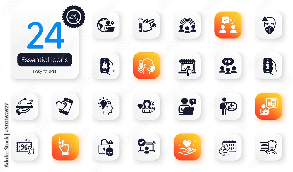Set of People flat icons. Woman love, Info app and Inclusion elements for web application. Vip clients, Sick man, Food delivery icons. Budget accounting, Online access, Outsource work elements. Vector Set of People flat icons. Woman love, Info app and Inclusion elements for web application. Vip clients, Sick man, Food delivery icons. Budget accounting, Online access, Outsource work elements. Vector