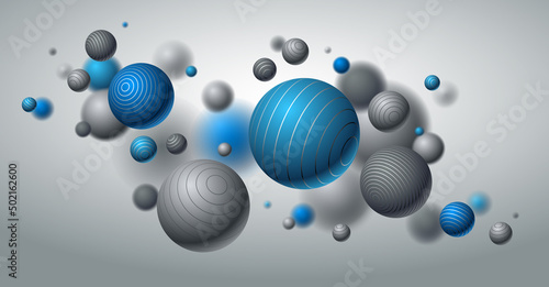 Abstract spheres vector background, composition of flying balls decorated with lines, 3D mixed realistic globes, realistic depth of field effect.