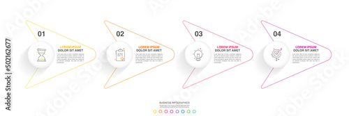 Vector line infographics with four arrows and circles. Modern business concept graphic process template with 4 steps and icons. Graphic timeline for a project on white background