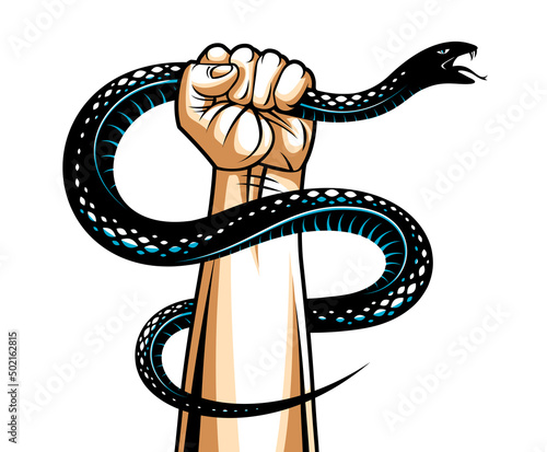 Hand squeezes a snake, fight against evil devil and Satan, control your inner beast animal, archetype shadow, life is a fight concept, vintage vector logo or tattoo.