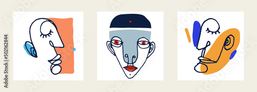 Abstract man face vector artwork set, modern trendy portrait art, hand drawn surreal beauty, minimal artistic design, painted sur human head.