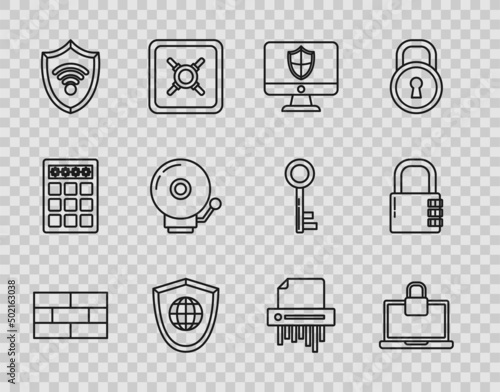 Set line Bricks, Laptop and lock, Computer monitor shield, Shield with world globe, WiFi wireless internet network, Ringing alarm bell, Paper shredder confidential and Safe combination icon. Vector