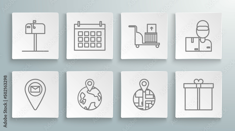 Set line Placeholder on map paper, Calendar, Worldwide, Gift box, Electric hand truck and boxes, Delivery man with cardboard and Open mail icon. Vector Set line Placeholder on map paper, Calendar, Worldwide, Gift box, Electric hand truck and boxes, Delivery man with cardboard and Open mail icon. Vector