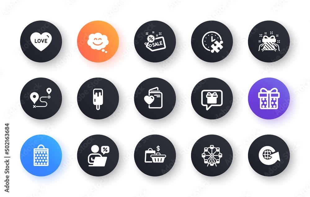 Minimal set of Gift box, Love document and Smile chat flat icons for web development. Wish list, Sale bags, Sale icons. Journey, Ice cream, Gift web elements. Online discounts. Vector Minimal set of Gift box, Love document and Smile chat flat icons for web development. Wish list, Sale bags, Sale icons. Journey, Ice cream, Gift web elements. Online discounts. Vector