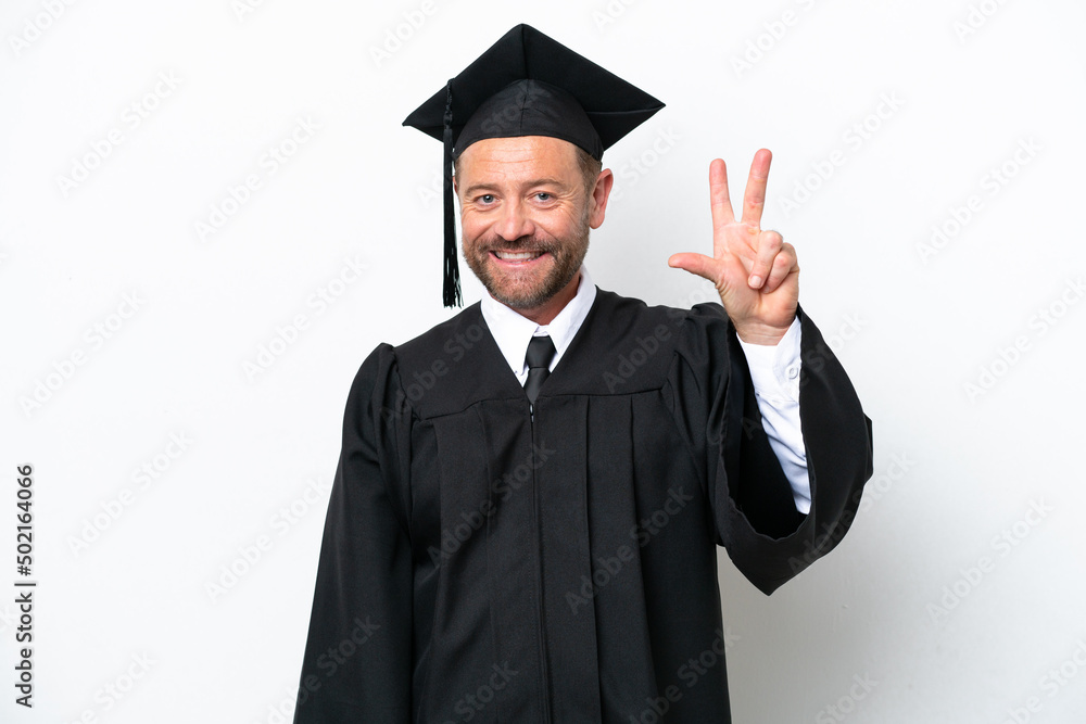 Middle age university graduate man isolated on white background happy and counting three with fingers Middle age university graduate man isolated on white background happy and counting three with fingers