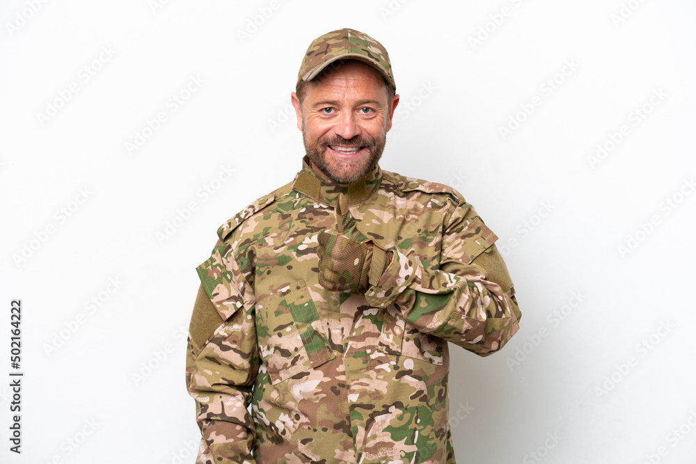 Military man isolated on white background giving a thumbs up gesture