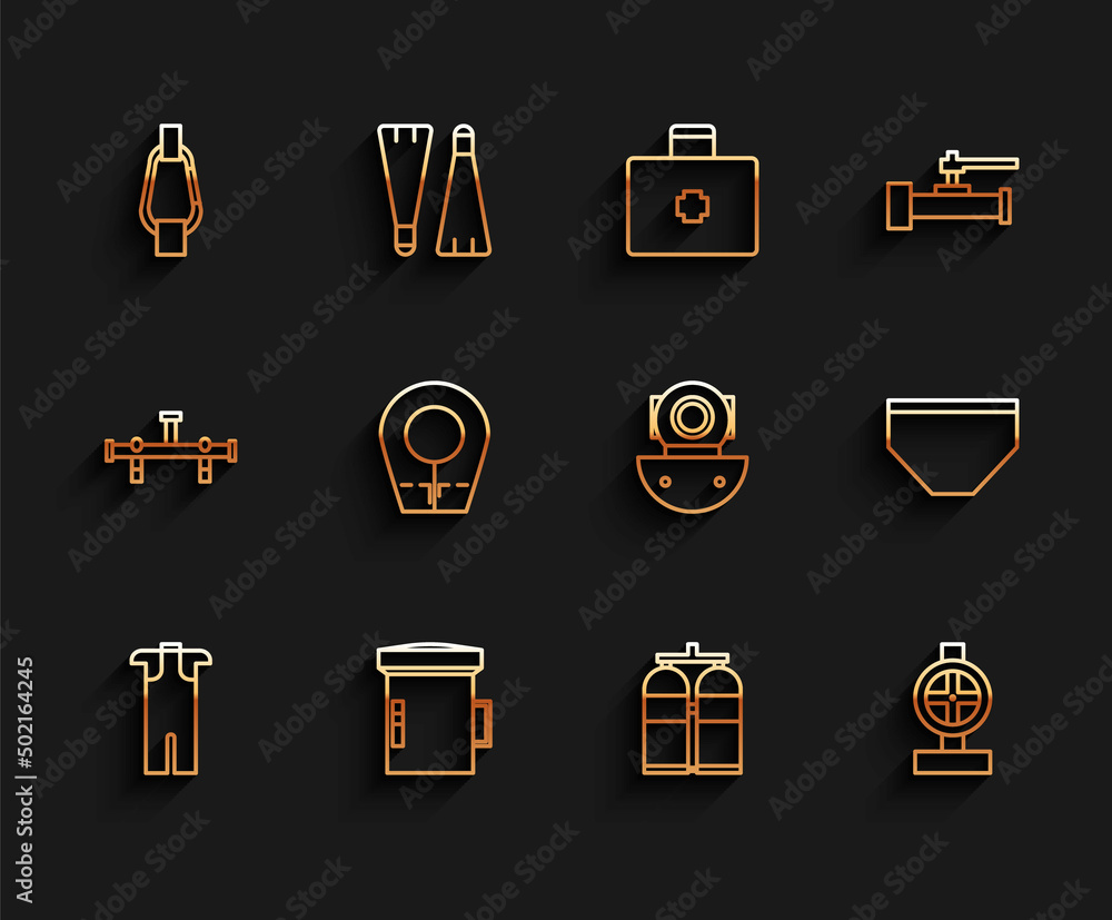 Set line Wetsuit for scuba diving, Big flashlight diver, Carabiner, Aqualung, Industry metallic pipes and valve, Diving hood, Swimming trunks and icon. Vector Set line Wetsuit for scuba diving, Big flashlight diver, Carabiner, Aqualung, Industry metallic pipes and valve, Diving hood, Swimming trunks and icon. Vector