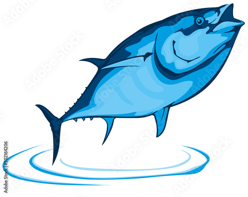 Drawing of Tuna Fish in Blue Tones - Colored Illustration Isolated on White Background, Vector