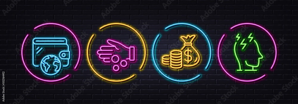 Coins bag, Donation money and Wallet minimal line icons. Neon laser 3d lights. Stress icons. For web, application, printing. Investment, Tax money, Mind anxiety. Neon lights buttons. Vector