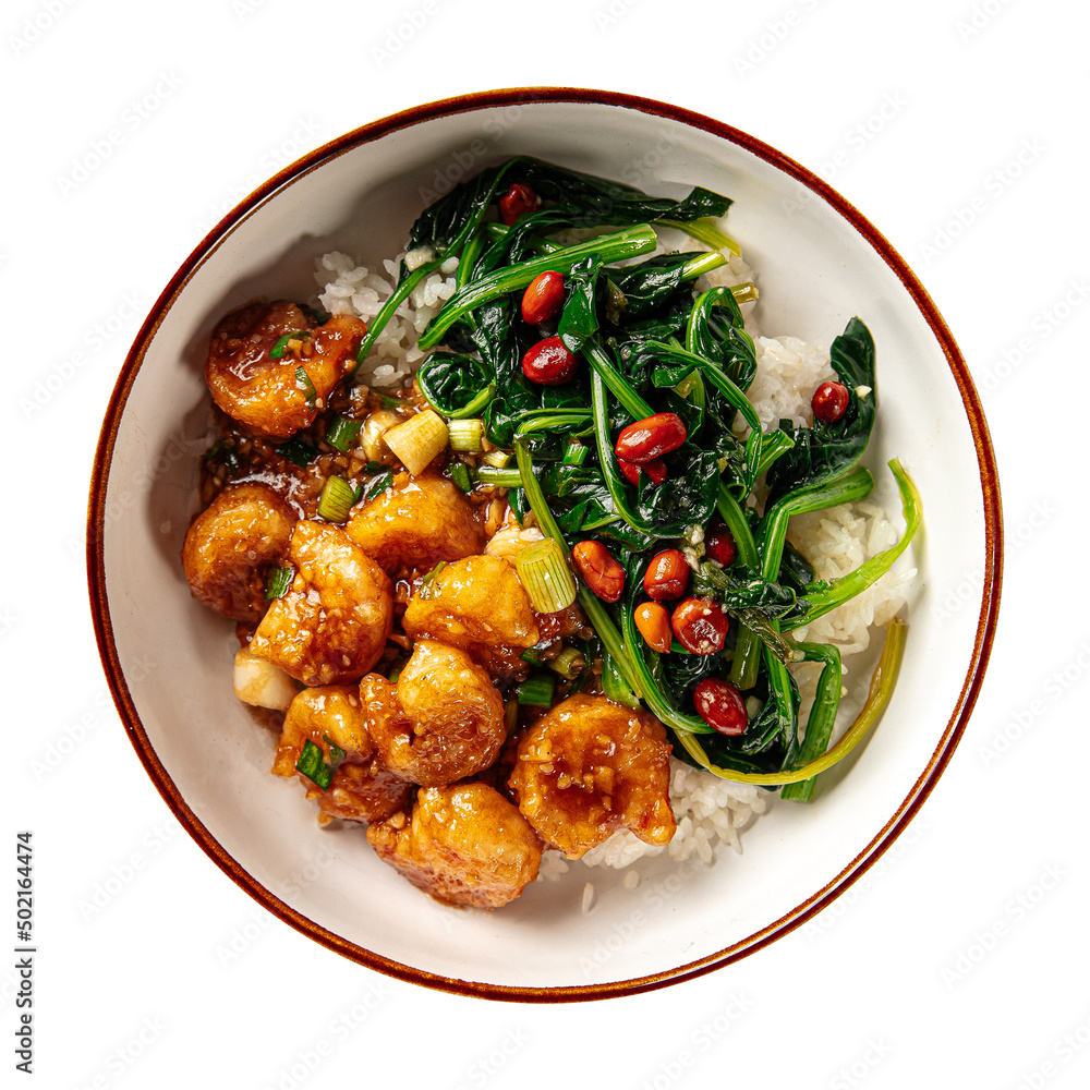 Isolated bowl of asian rice with shrimp and spinach