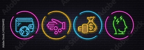Coins bag, Donation money and Wallet minimal line icons. Neon laser 3d lights. Stress icons. For web, application, printing. Investment, Tax money, Mind anxiety. Neon lights buttons. Vector