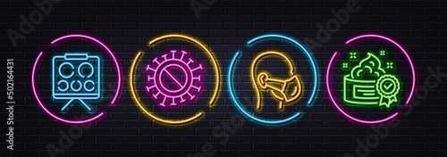 Vision board, Coronavirus and Medical mask minimal line icons. Neon laser 3d lights. Cream icons. For web, application, printing. Eye check, No vaccine, Respirator. Best lotion. Vector