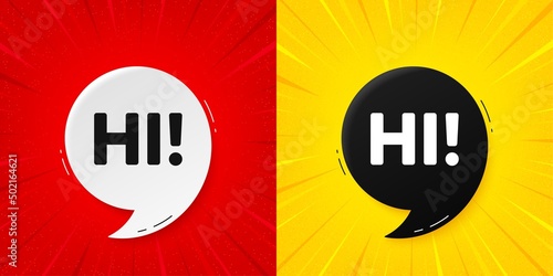 Hi welcome tag. Flash offer banner with quote. Hello invitation offer. Formal greetings message. Starburst beam banner. Hi speech bubble. Vector