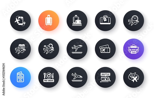 Airport icons set. Baggage claim, Boarding pass, Arrival and Departure. Connecting flight, tickets, pre-order food icons. Passport control, airport baggage carousel, inflight wifi. Vector