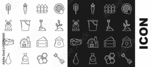 Set line Garden rake, Bag of flour, Sprout, fence wooden, Bucket, Windmill, Cereals with rice, wheat, corn, oats, rye and Shovel the ground icon. Vector