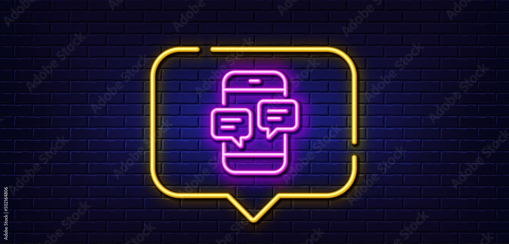 Neon light speech bubble. Phone Message line icon. Mobile chat sign. Conversation or SMS symbol. Neon light background. Phone Messages glow line. Brick wall banner. Vector Neon light speech bubble. Phone Message line icon. Mobile chat sign. Conversation or SMS symbol. Neon light background. Phone Messages glow line. Brick wall banner. Vector