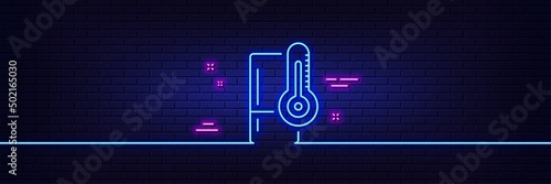 Neon light glow effect. Single chamber refrigerator line icon. Fridge sign. Freezer storage symbol. 3d line neon glow icon. Brick wall banner. Refrigerator outline. Vector