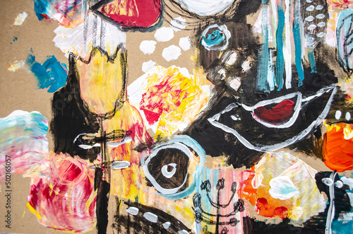 Acrylic landscape.  Spring flowering meadow plants. Night meadow with flowers. Floral background. Embossed texture. Interior decor.