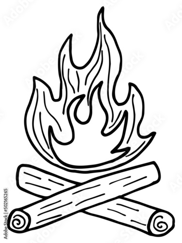 Simple hand-drawn black and white linear clipart of the burning campfire. Cartoon rough vector sketch isolated on transparent background